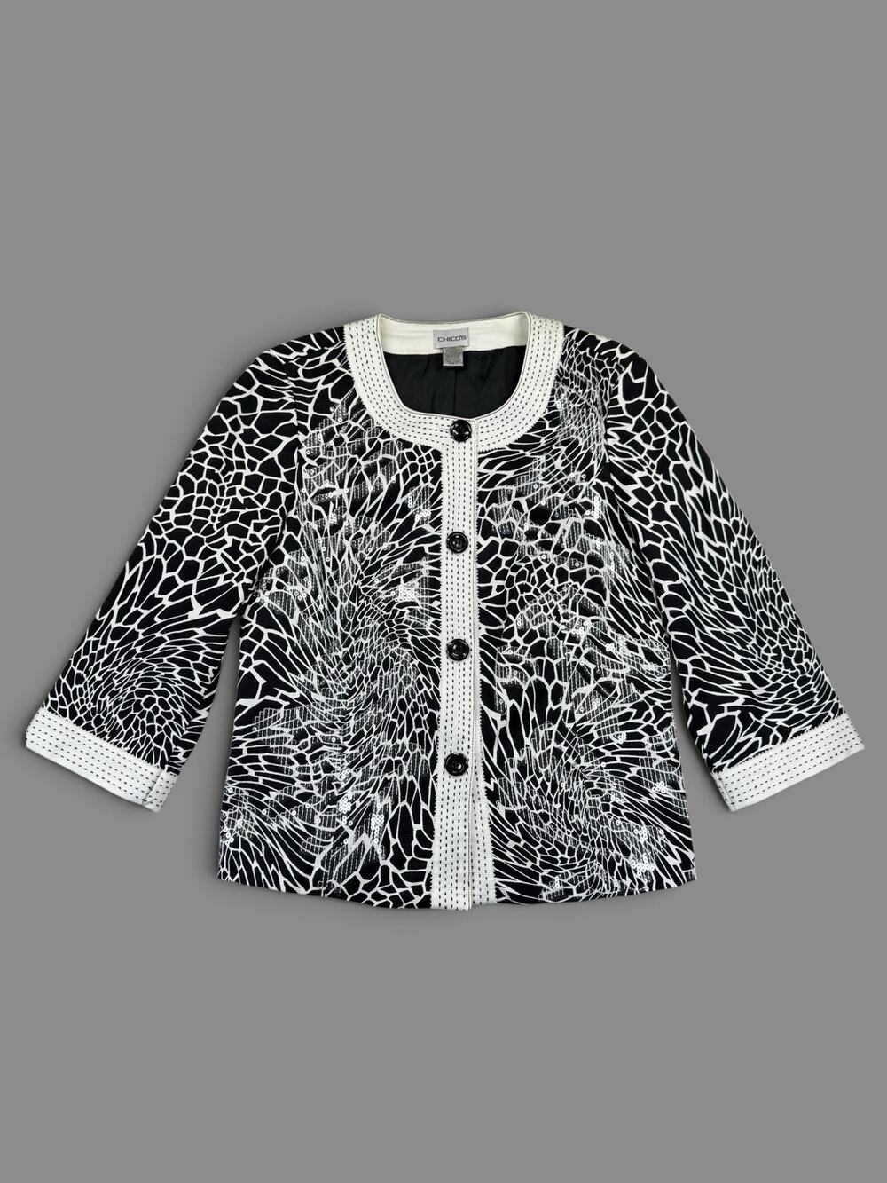 Chico's Black White Graphic Sequin Statement Jacket Size 1 / Medium